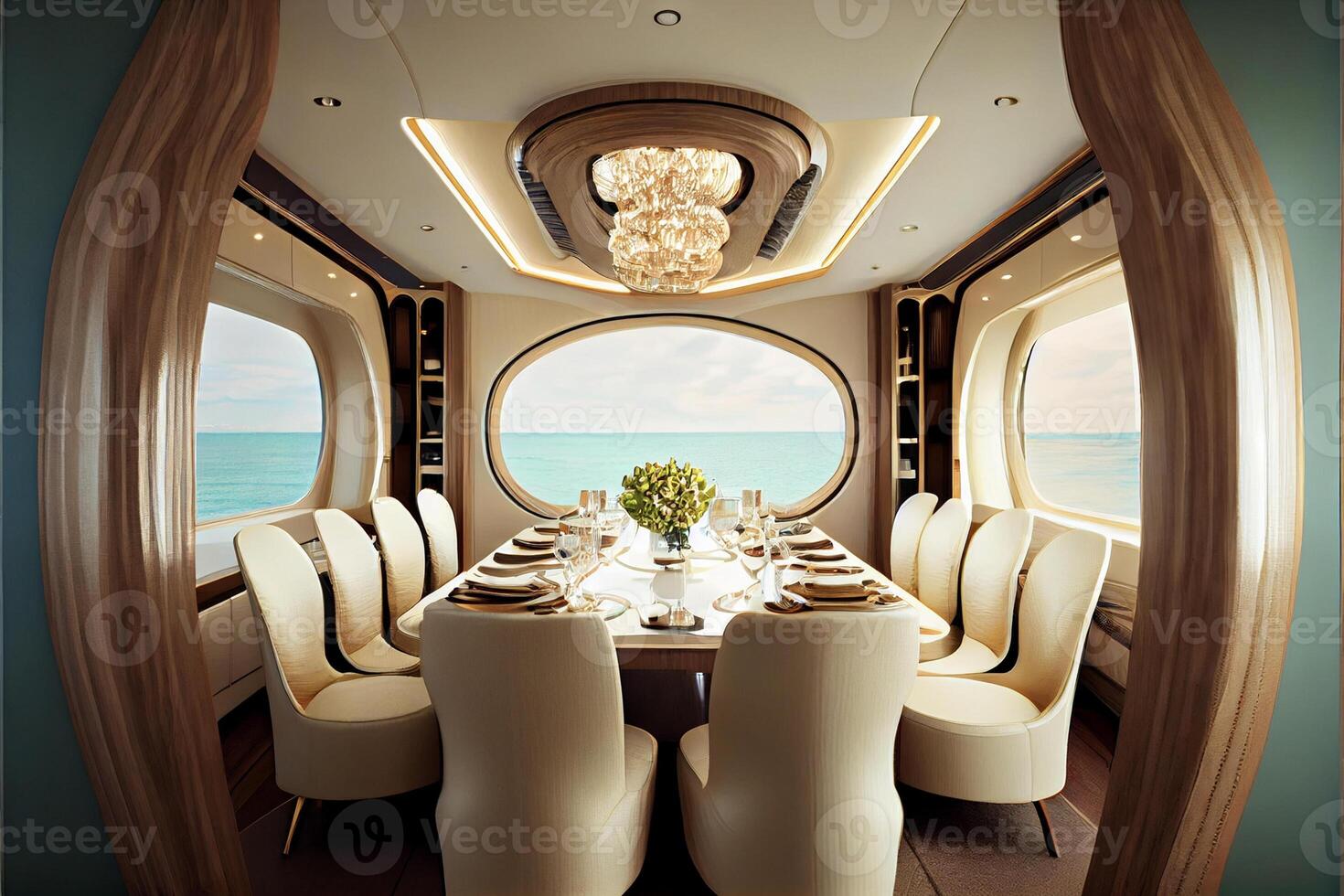 dining kamer met een visie van de oceaan. generatief ai. foto
