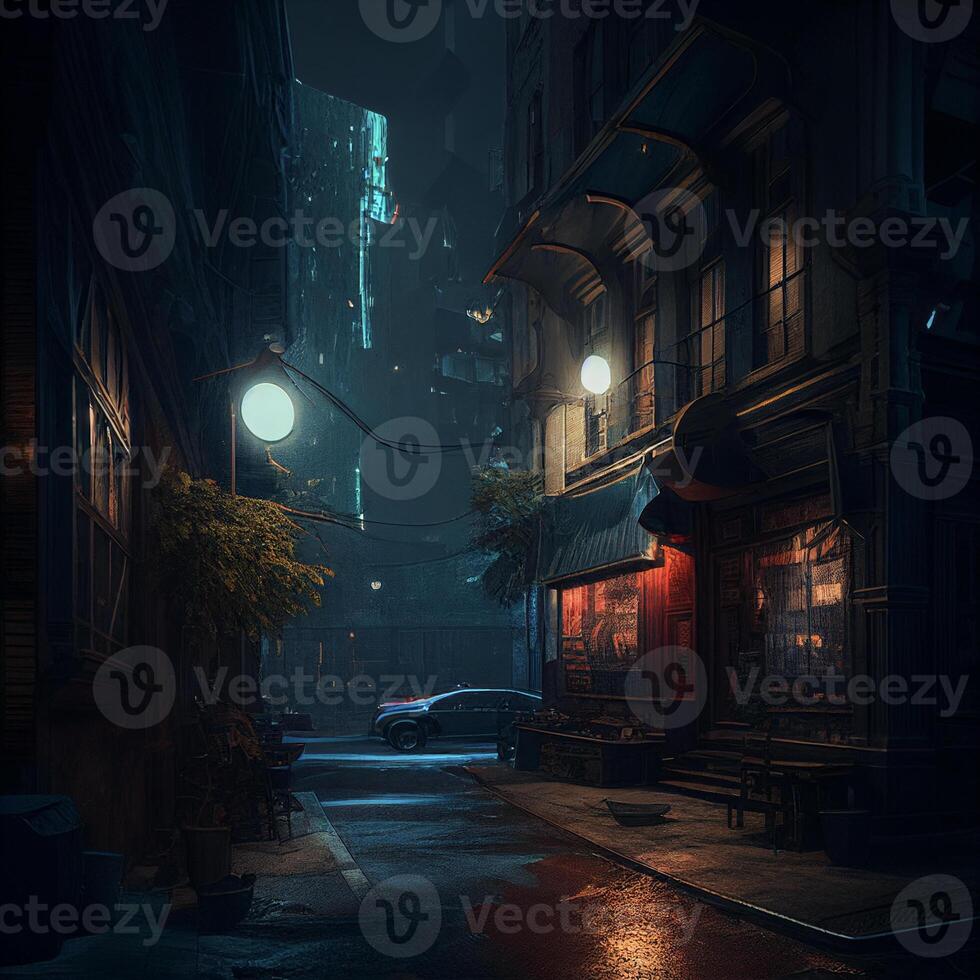 een beeld van een stad straat Bij nacht. generatief ai. foto