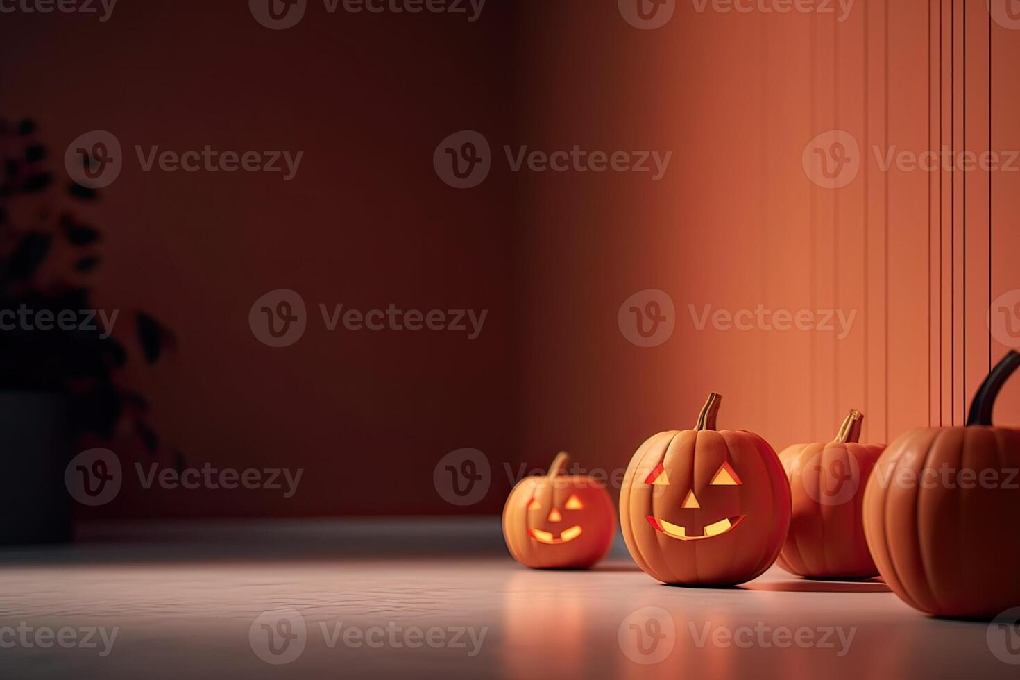 spookachtig halloween pompoen, jack O lantaarn, met een onheil gezicht en ogen Aan een houten bank, tafel met een nevelig nacht achtergrond met ruimte voor Product plaatsing. generatief ai. foto