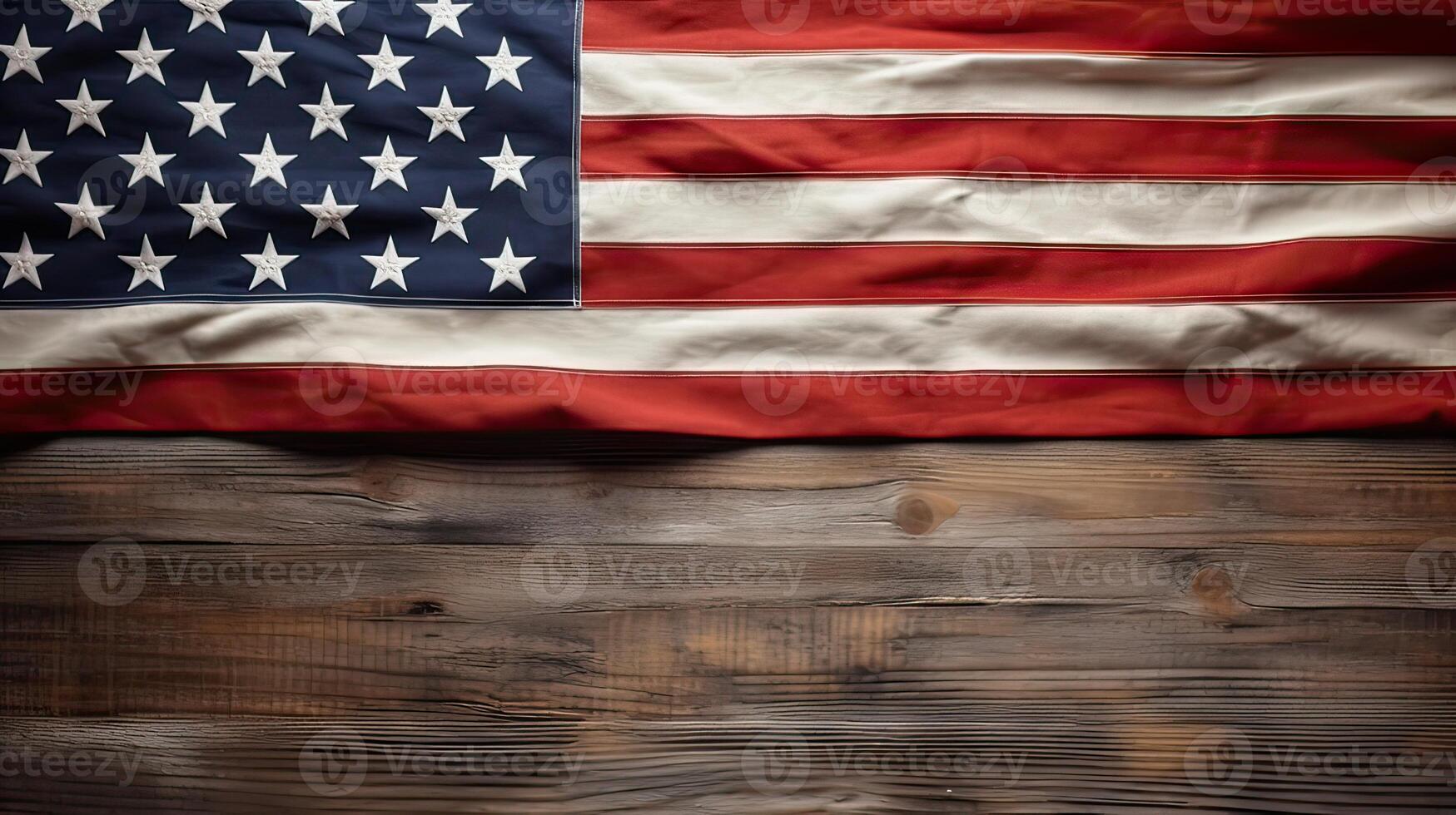 top visie overhead Amerika Verenigde staten vlag, gedenkteken herinnering en dank u van held, studio schot met kopiëren ruimte Aan houten tafel achtergrond, Verenigde Staten van Amerika vakantie of onafhankelijkheid dag concept. generatief ai foto