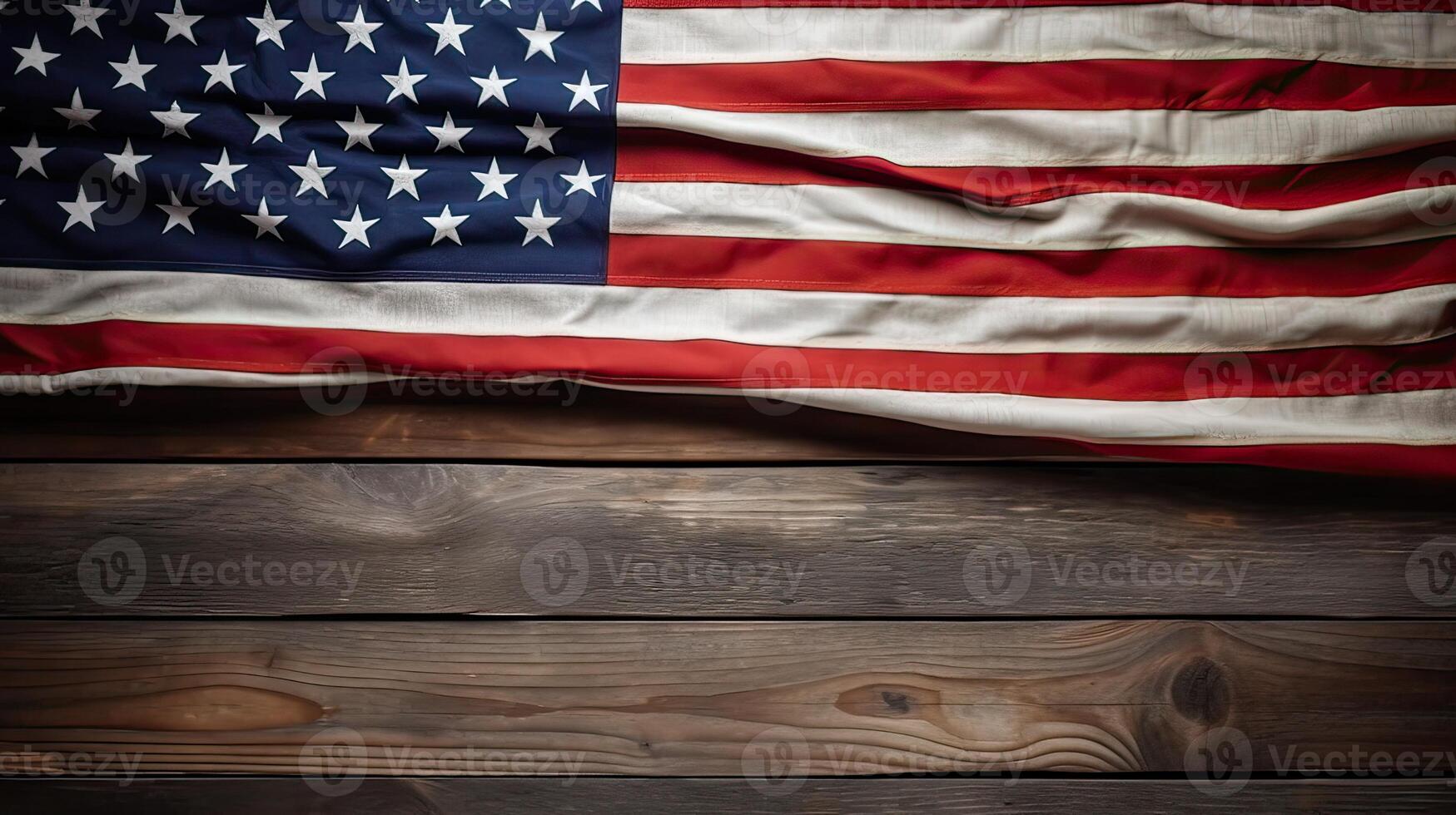 top visie overhead Amerika Verenigde staten vlag, gedenkteken herinnering en dank u van held, studio schot met kopiëren ruimte Aan houten tafel achtergrond, Verenigde Staten van Amerika vakantie of onafhankelijkheid dag concept. generatief ai foto