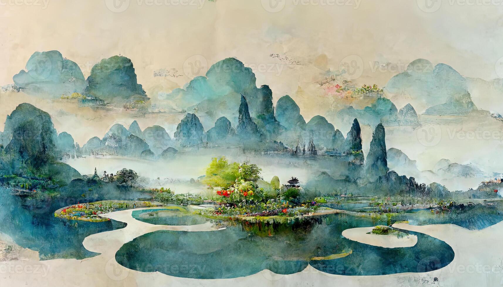 geweldig groot en breed inkt landschap schilderij in Chinese schilderij en 3d illustratie stijl. generatief ai foto