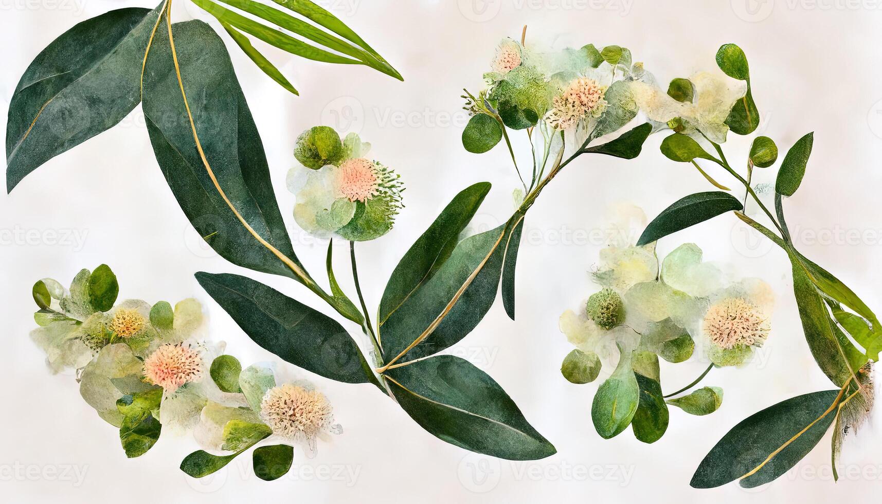 waterverf eucalyptus bloem regeling, groen takken en jasmijn bloemen clip art. generatief ai foto