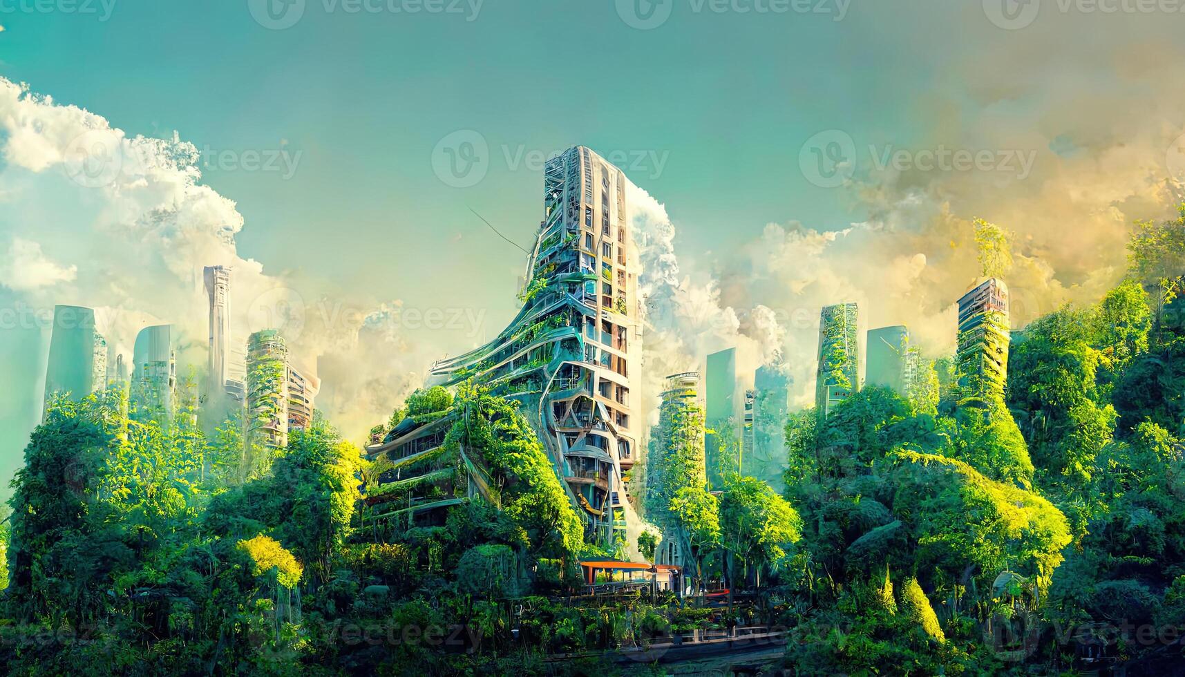 een afbeelding van een hoog stijgen wolkenkrabber gedekt in planten en toekomst milieu stad ontwerp Aan een mooi dag. generatief ai foto