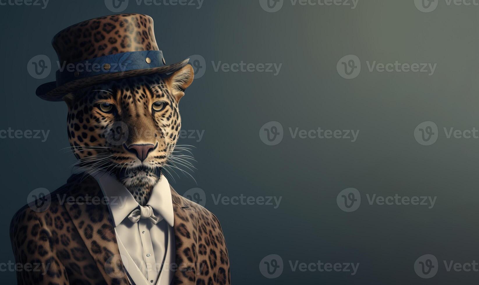 heer, de baas is een formidabel gevlekte luipaard in een hoed, pak en binden. banier kop. ai gegenereerd. foto