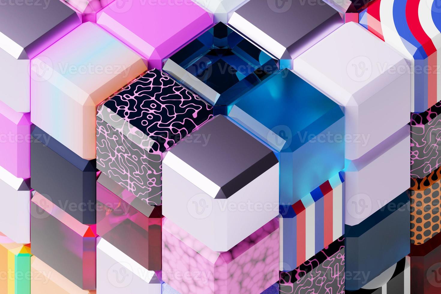 3d illustratie volumetrisch kleurrijk kubussen. parallellogram patroon. technologie geometrie neon achtergrond foto
