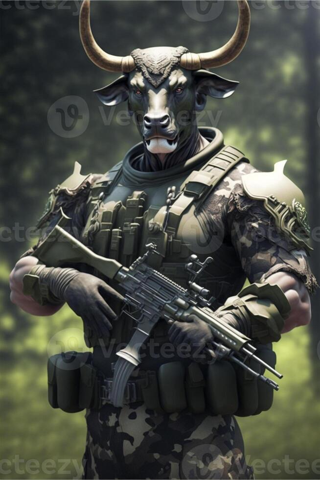 Mens in camouflage Holding een geweer- en een stier masker. generatief ai. foto