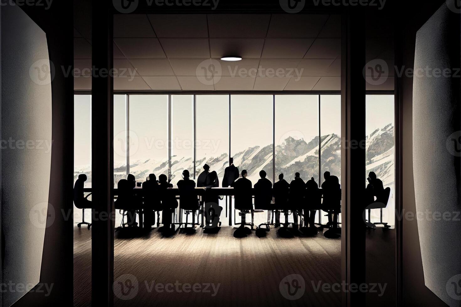 groep van mensen zittend in de omgeving van een tafel in voorkant van een venster. generatief ai. foto