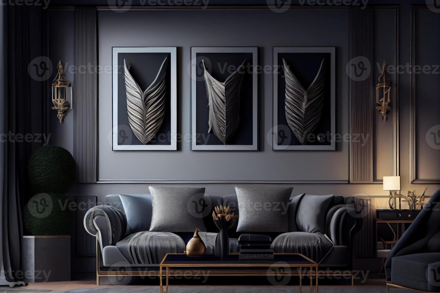 interieur ontwerp, 3 afbeelding kaders Aan de muur, luxe meubilair modern ontwerp voor leven kamer . ai gegenereerd foto