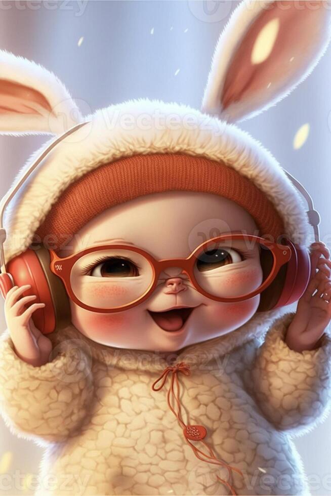 baby in een konijn pak luisteren naar koptelefoon. generatief ai. foto