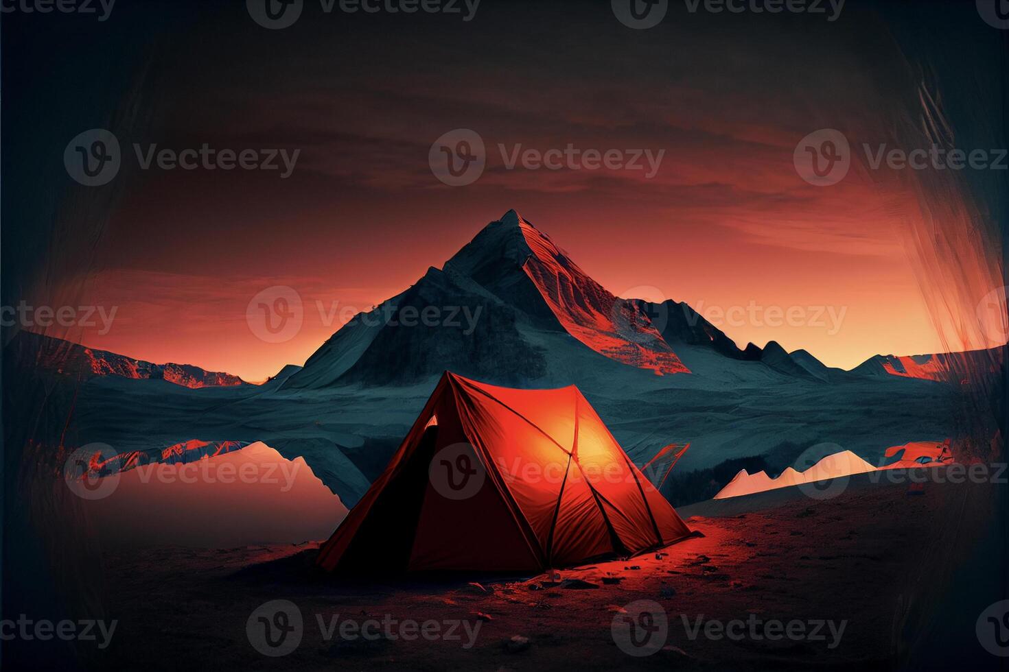 rood tent zittend Aan top van een zanderig strand. generatief ai. foto