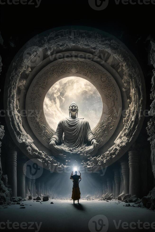 persoon staand in voorkant van een Boeddha standbeeld. generatief ai. foto