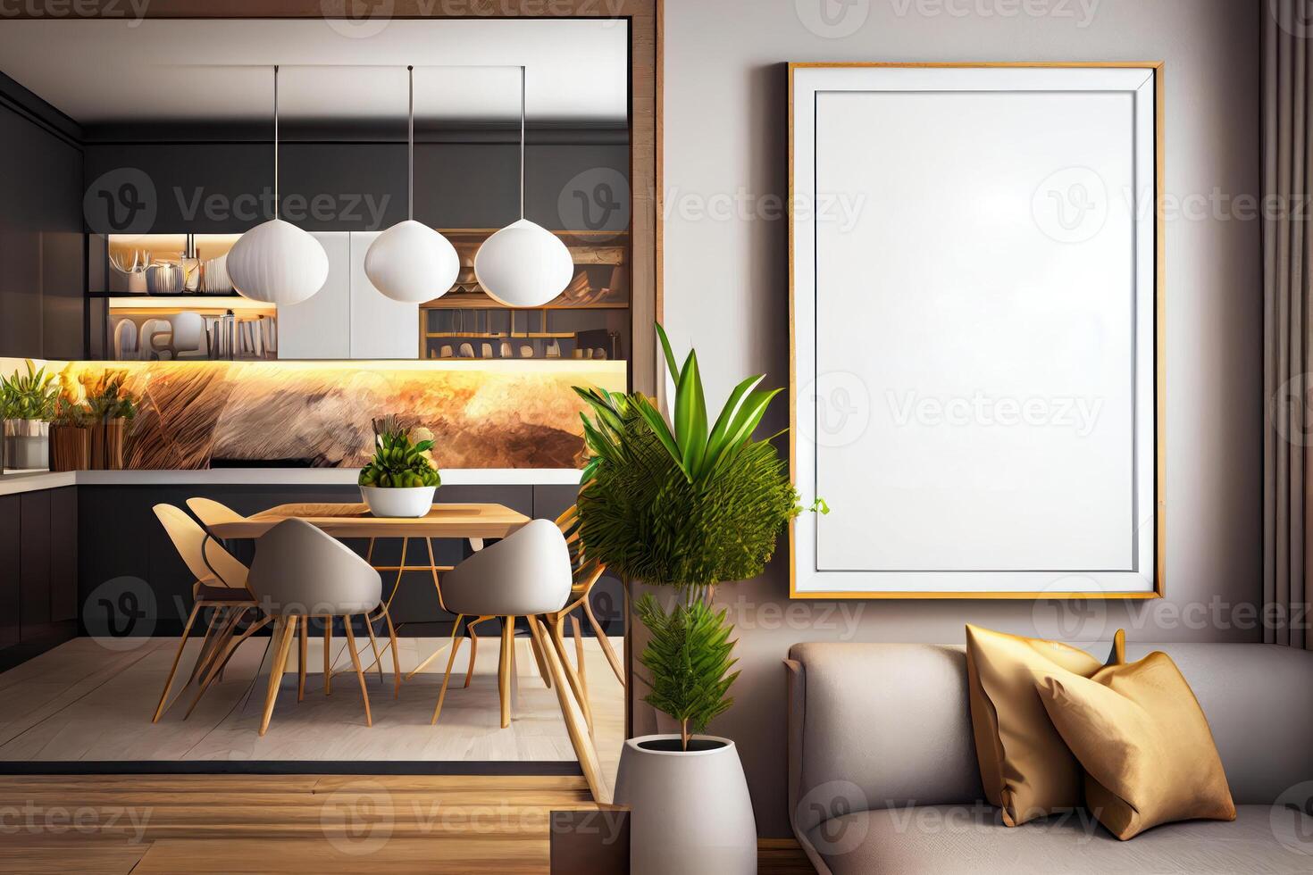 mockup poster kader Aan de muur van leven kamer met keuken en dining kamer. luxueus appartement achtergrond met hedendaags ontwerp. modern interieur ontwerp . ai gegenereerd foto