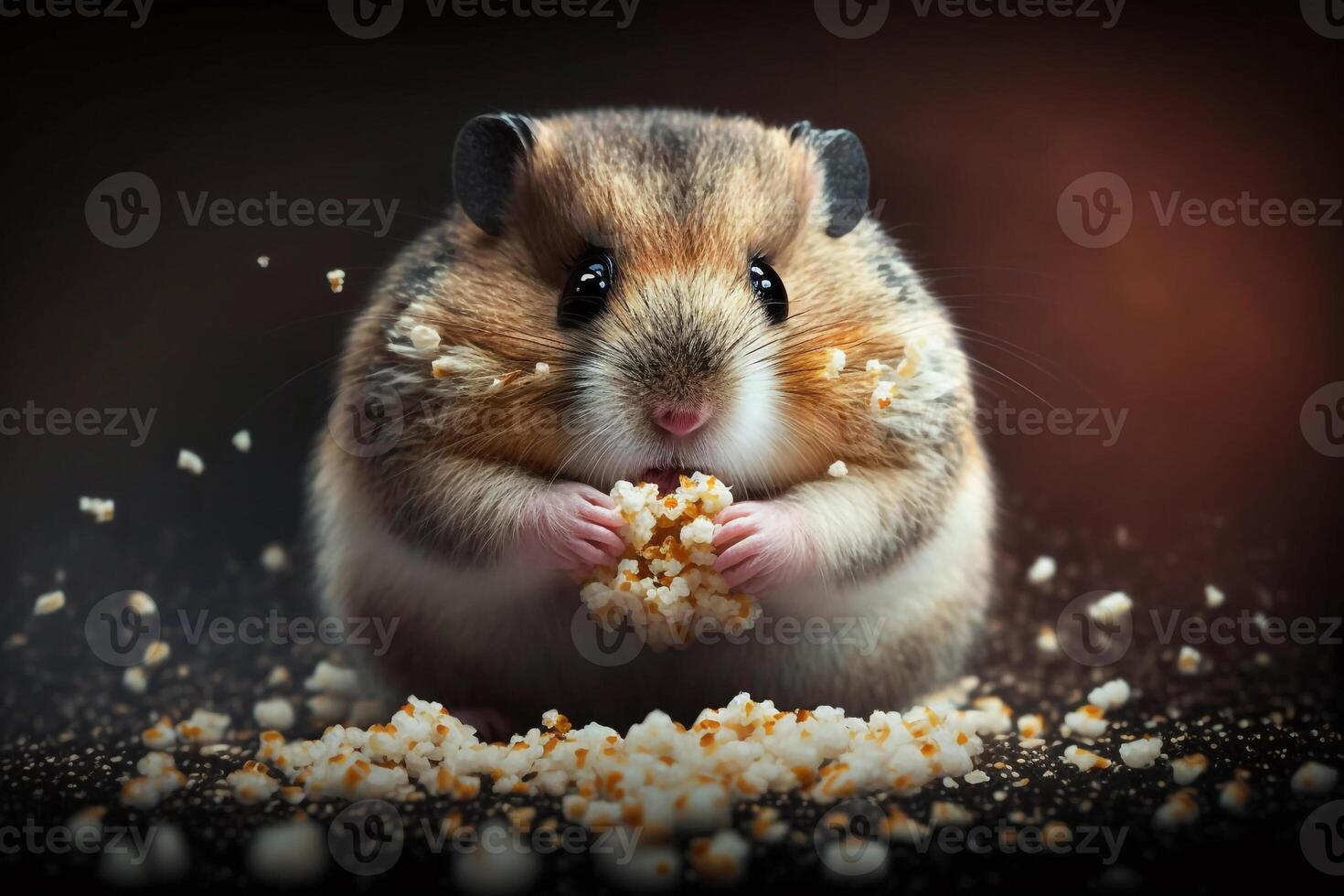 een mollig hamster vulling haar wangen met voedsel, met haar klein poten grijpen de korrels. ai gegenereerd foto