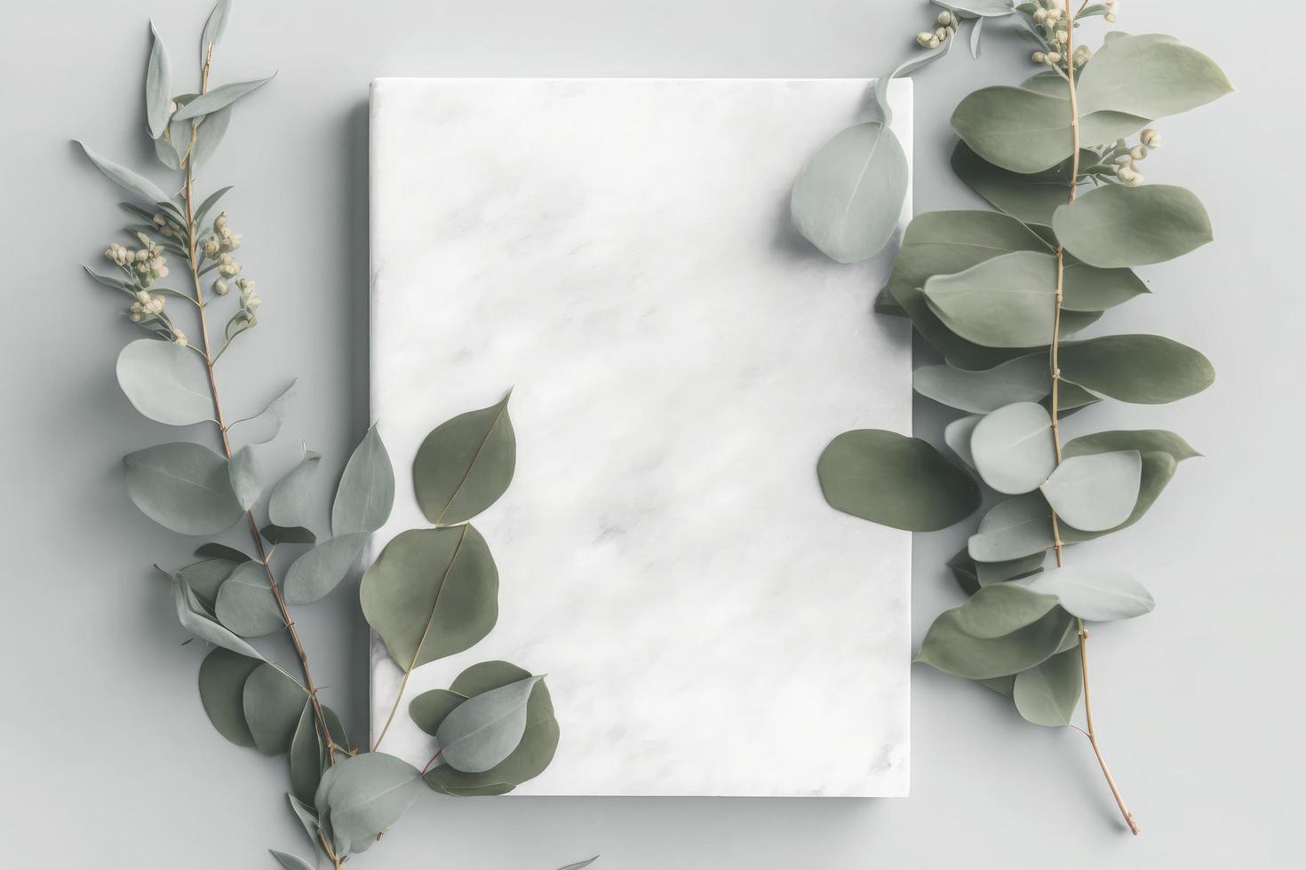 marmeren papier blanco, eucalyptus takken Aan pastel grijs achtergrond, genereren ai foto