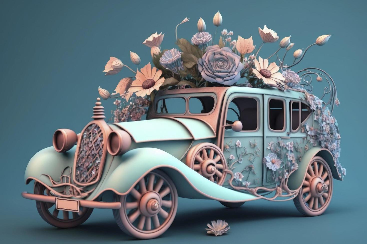 auto met bloemen Aan blauw achtergrond , pastel kleuren, 3d geven en illustratie foto