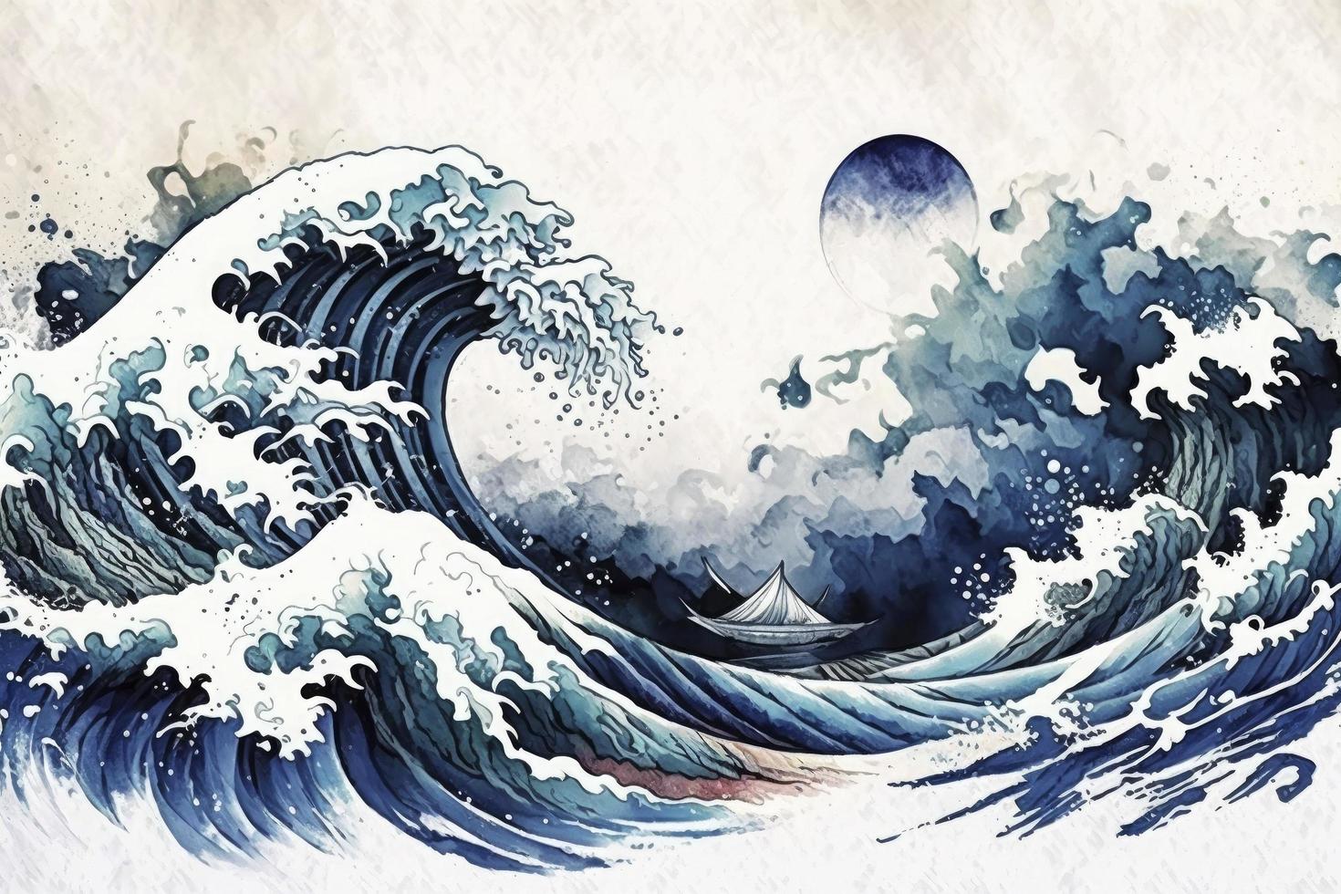 ruw golven marine waterverf stijl Japans achtergrond, Japans schilderij foto