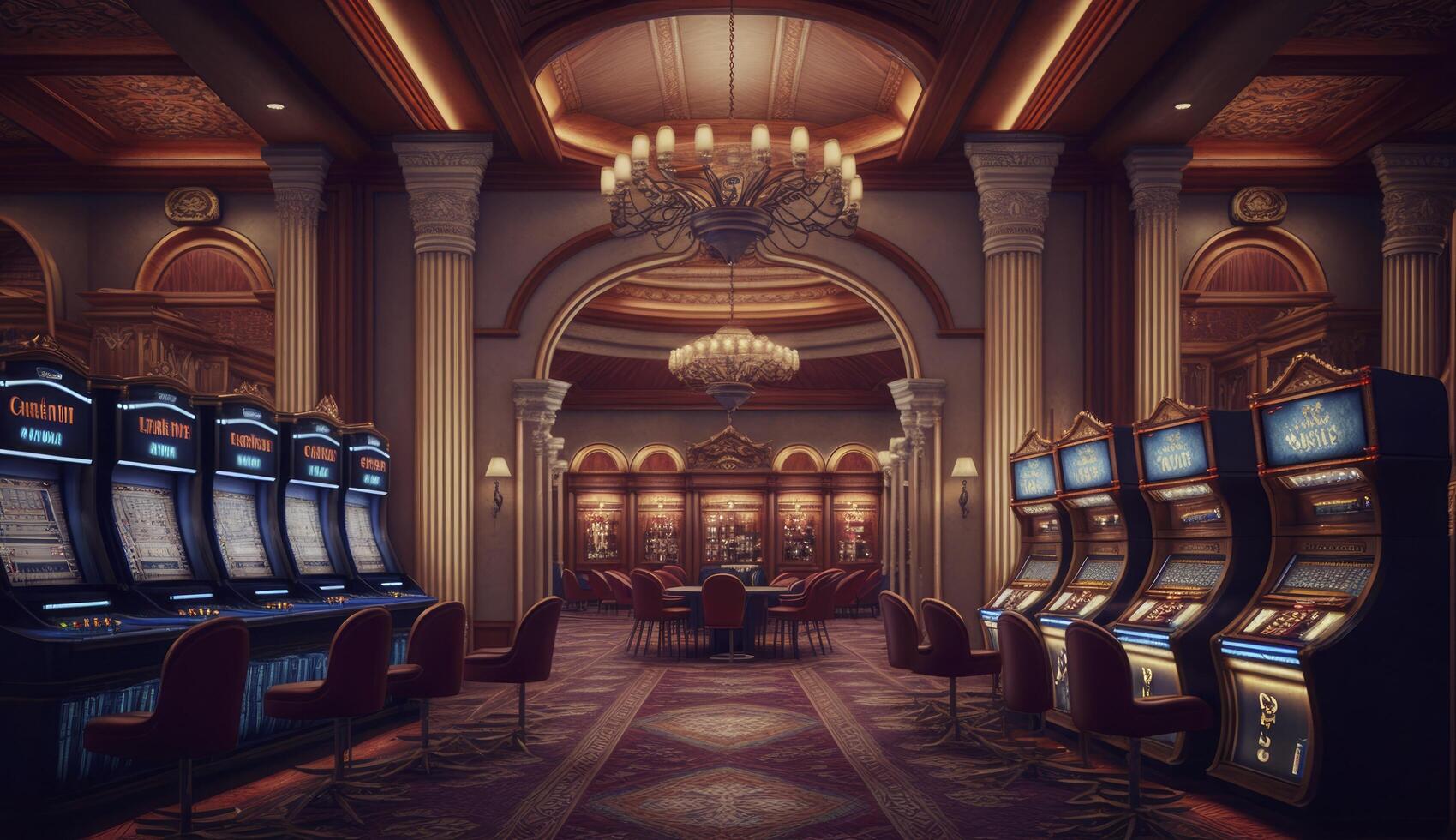 luxe casino interieur met veel van sleuf machines. nageproduceerd generatief ai illustratie. foto