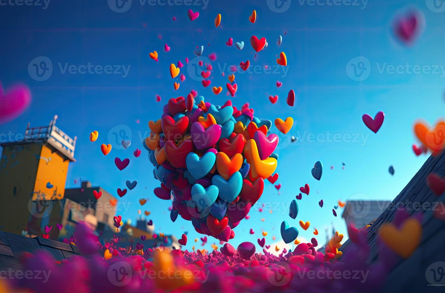 kleurrijk hart vorm ballon met blauw lucht. Valentijnsdag dag achtergrond met hart vormig ballonnen. generatief ai. foto