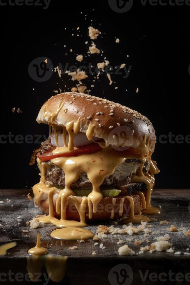 Amerikaans voedsel. hamburger lagen geïsoleerd. gescheiden hamburger lagen. Hamburger explosie. cheeseburger vliegend vullingen geïsoleerd. levitatie van hamburger en kaas, vlees, sla. generatief ai foto