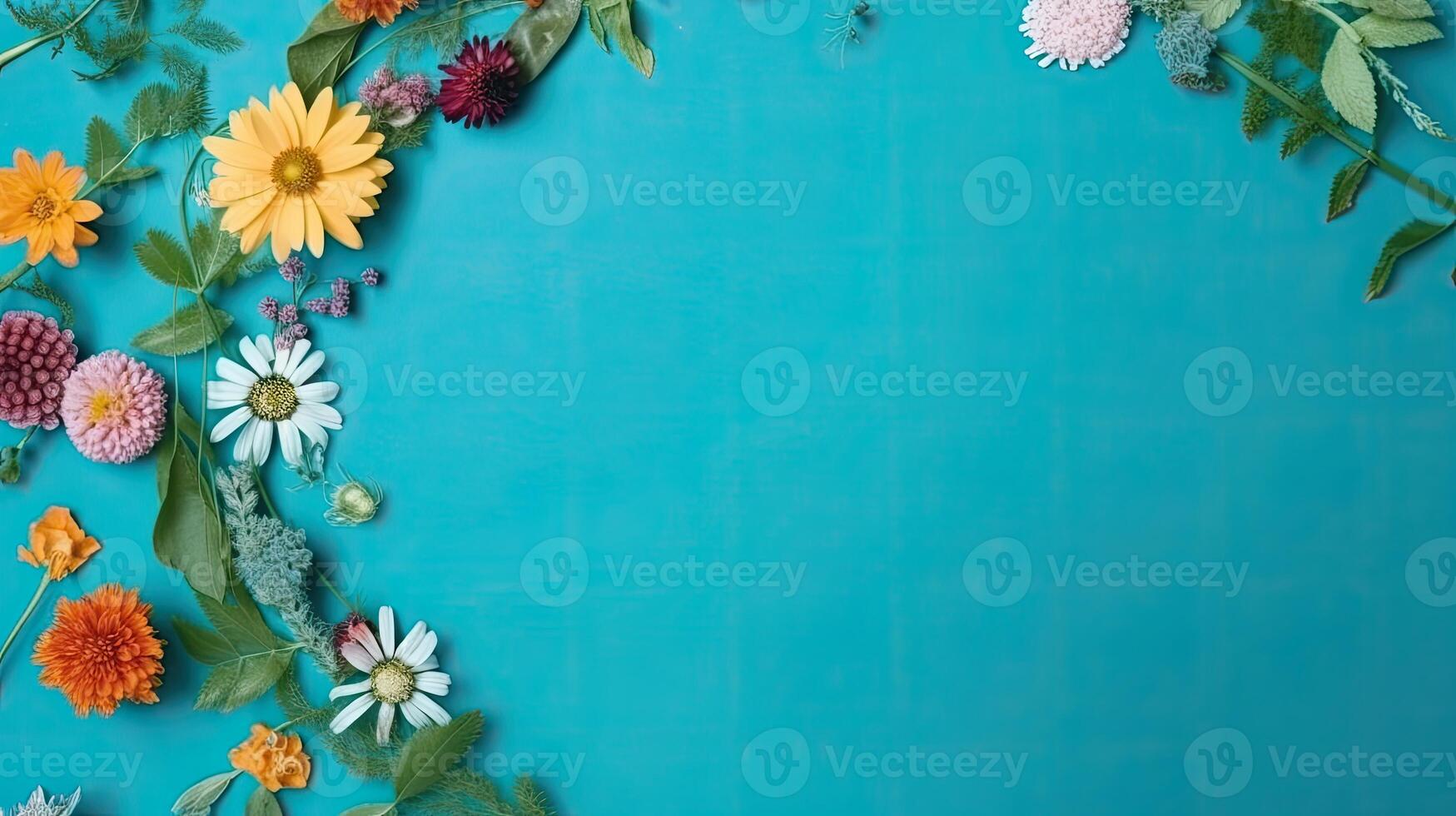 bloemen samenstelling romantisch. bloemen, foto kader Aan pastel blauw achtergrond. Valentijnsdag dag, Pasen, verjaardag, gelukkig vrouwen dag, moeder dag. vlak leggen, top visie, kopiëren ruimte. generatief ai