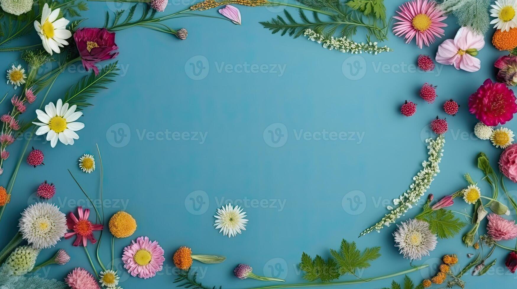 bloemen samenstelling romantisch. bloemen, foto kader Aan pastel blauw achtergrond. Valentijnsdag dag, Pasen, verjaardag, gelukkig vrouwen dag, moeder dag. vlak leggen, top visie, kopiëren ruimte. generatief ai