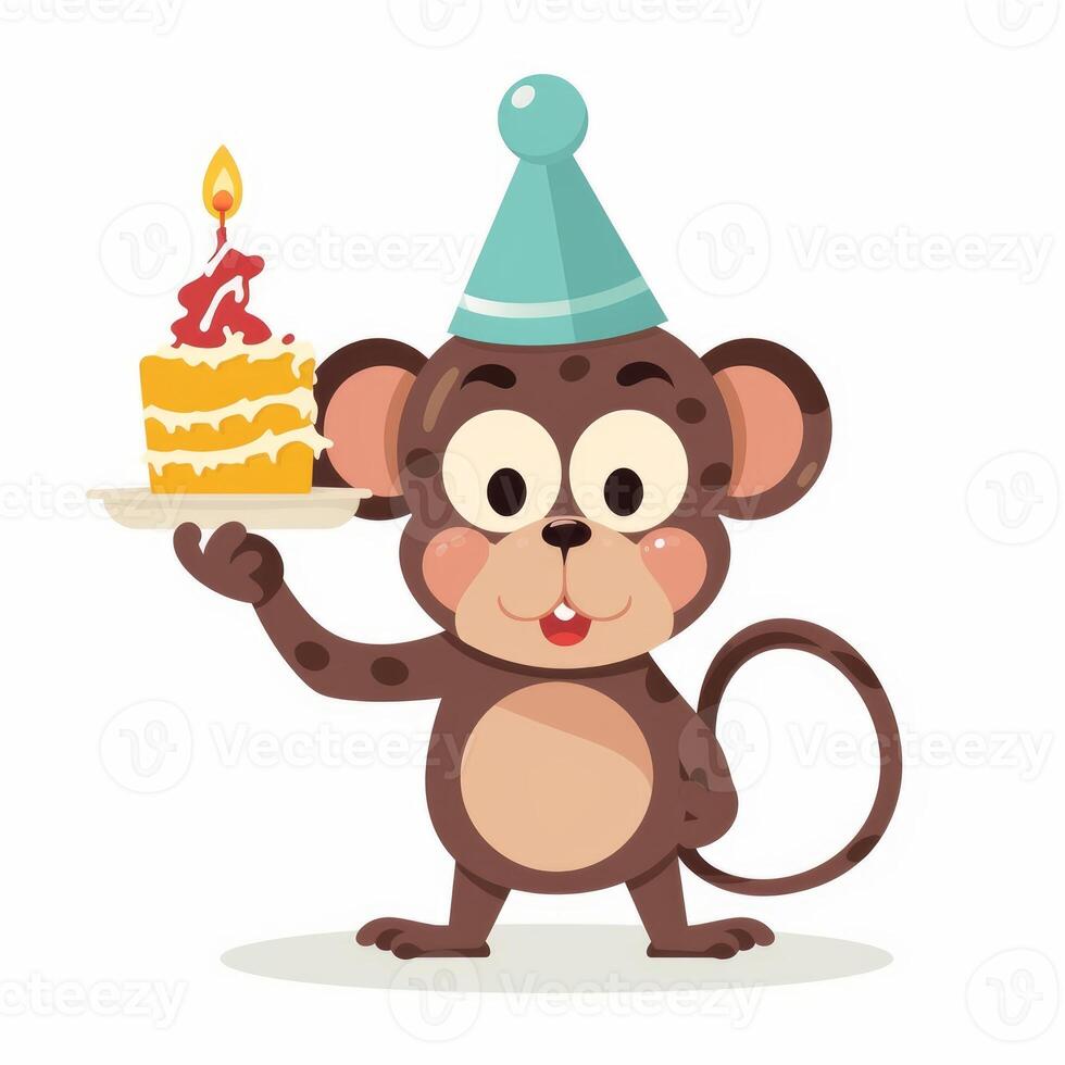 een tekenfilm karakter van aap Holding een verjaardag taart Aan wit achtergrond generatief ai foto