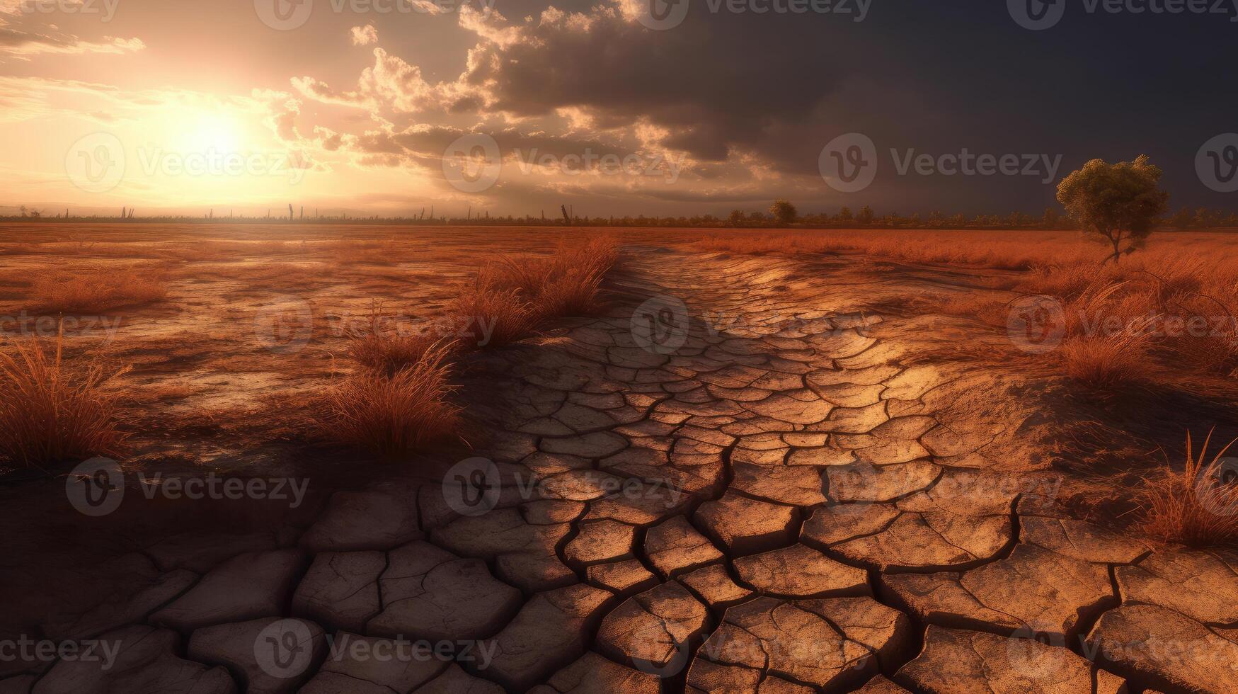land- met droog en gebarsten grond. woestijn, wereldwijd opwarming background.conceptual beeld van klimaat Wijzigen. generatief ai. foto