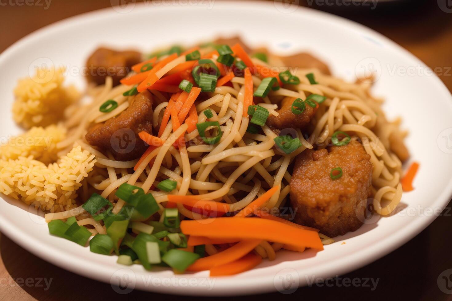 Chinese voedsel, roergebakken varkensvlees in zoet en verzuren saus met rijst. kip noodle soep. generatief ai foto