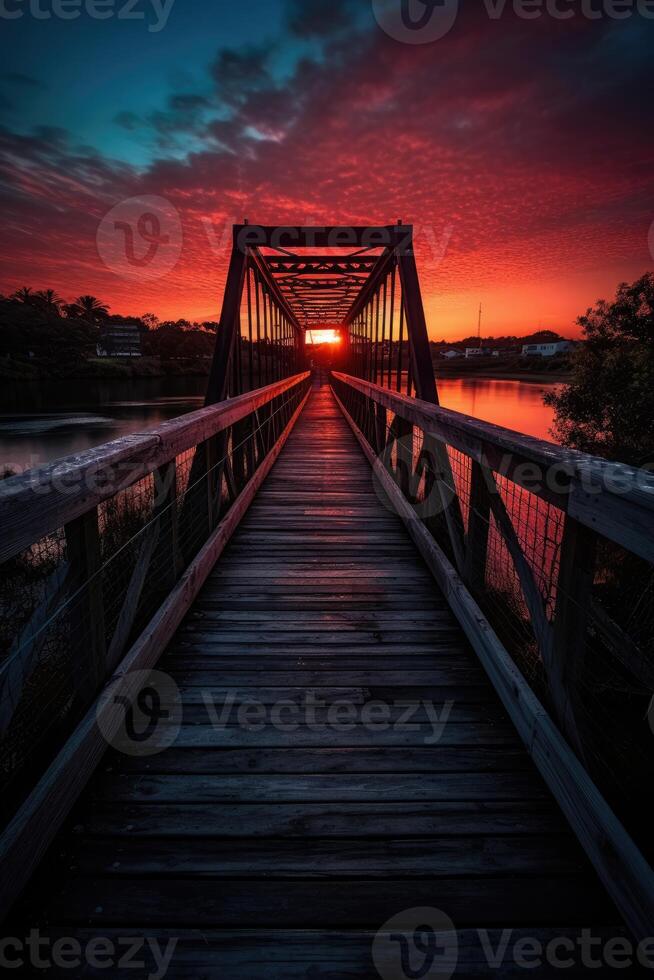 houten plank loopbrug leidend naar een mooi zonsondergang Aan de meer. generatief ai. foto