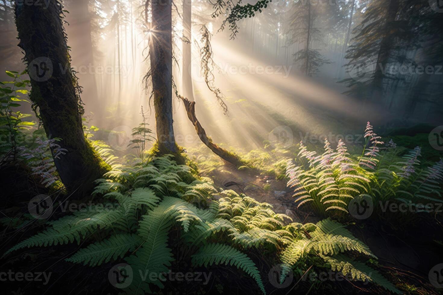 ai gegenereerd nevelig Woud glade met stralen van zonlicht filteren door de bomen en verhelderend een tapijt van varens en wilde bloemen. foto