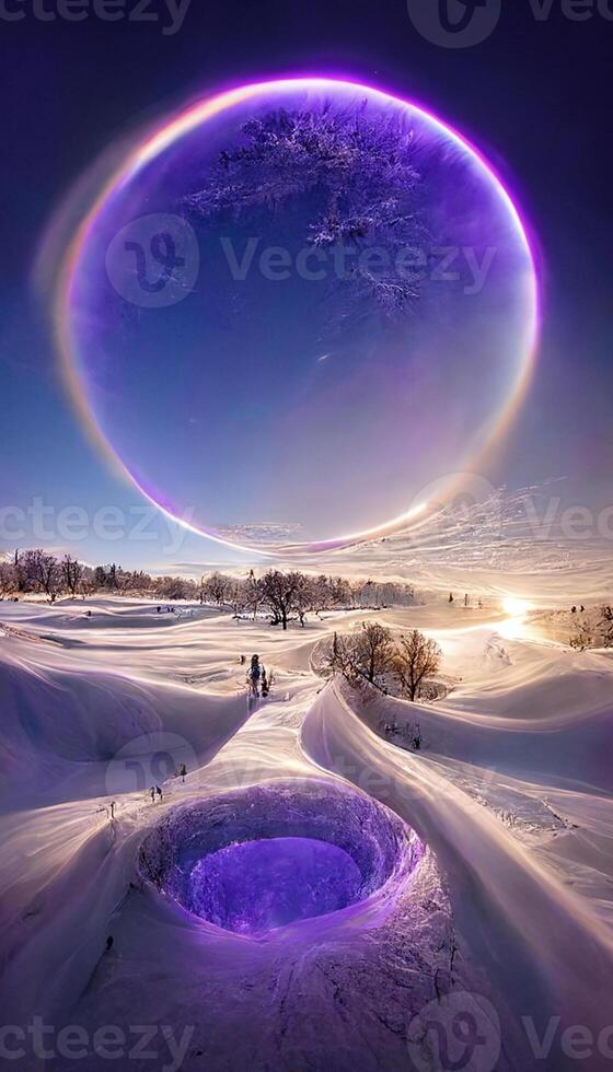 groep van mensen wandelen aan de overkant een sneeuw gedekt veld. generatief ai. foto