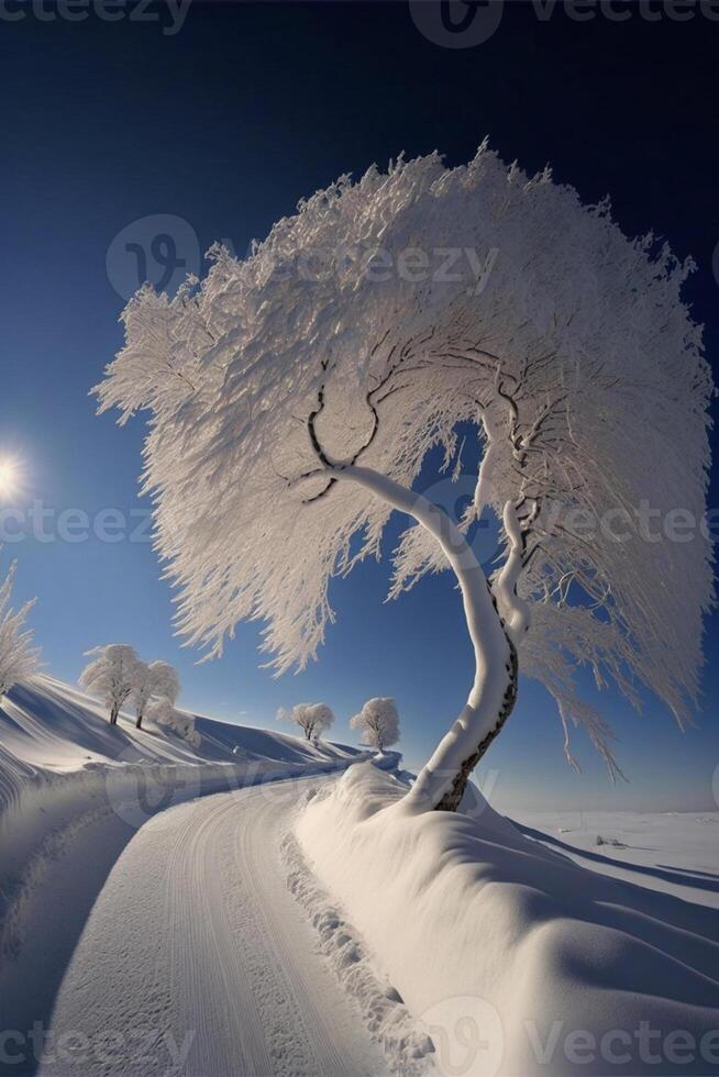 sneeuw gedekt boom zittend Aan top van een sneeuw gedekt helling. generatief ai. foto