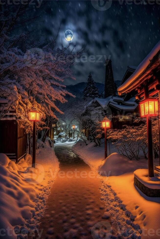 besneeuwd straat Bij nacht met een vol maan in de lucht. generatief ai. foto