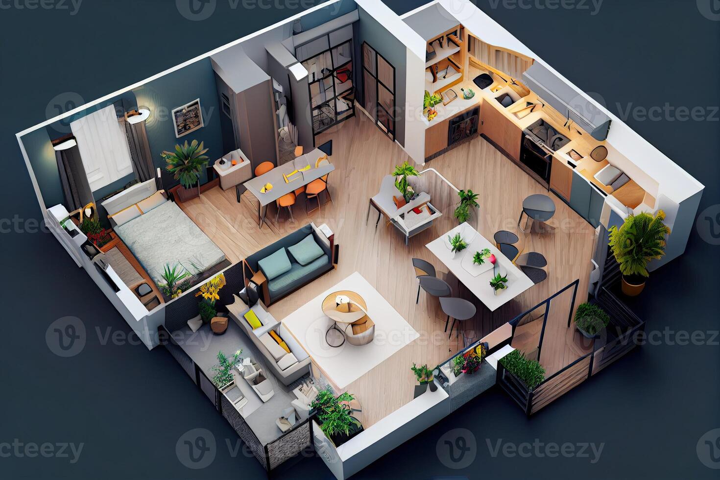 verdieping plan van een huis 3d illustratie, Open leven kamer generatief ai foto