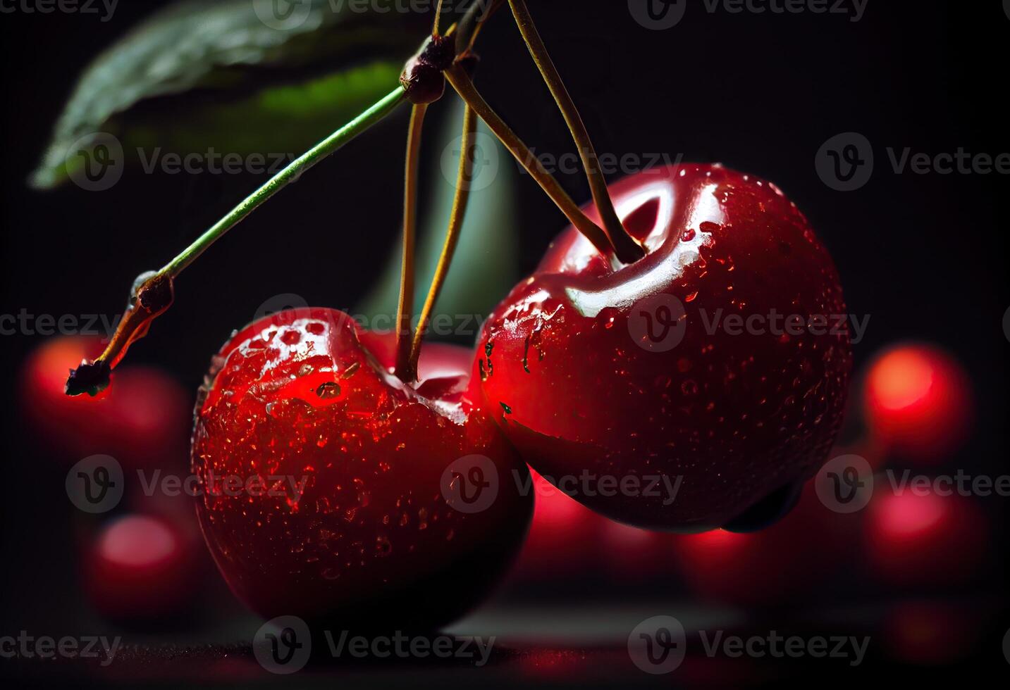 generatief ai illustratie van een macro lens extreem dichtbij omhoog van rood kersen, zwart achtergrond, vignet foto