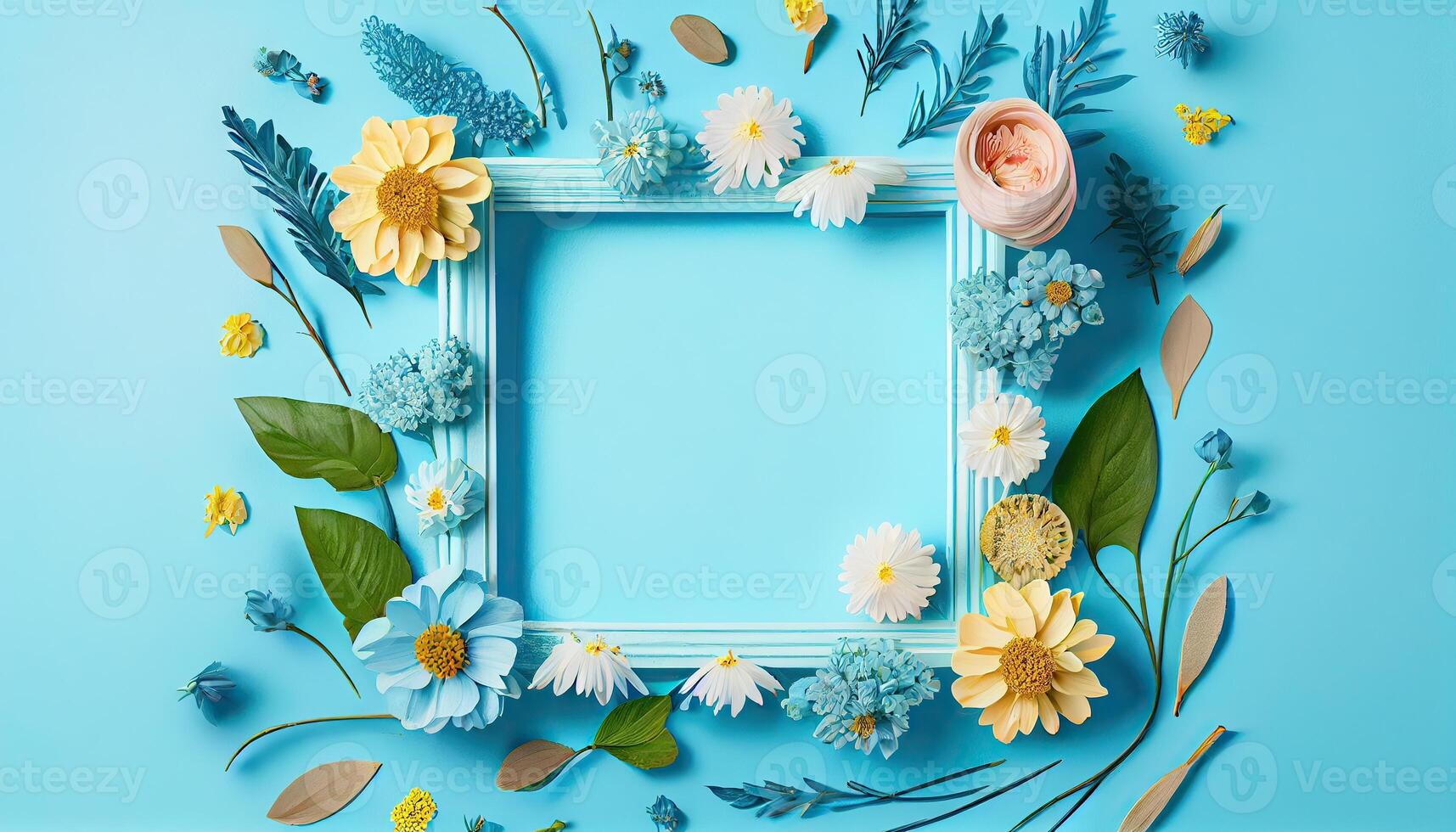 generatief ai illustratie van voorjaar bloem kader Aan blauw en cyaan achtergrond kopiëren ruimte vlak leggen bespotten omhoog foto