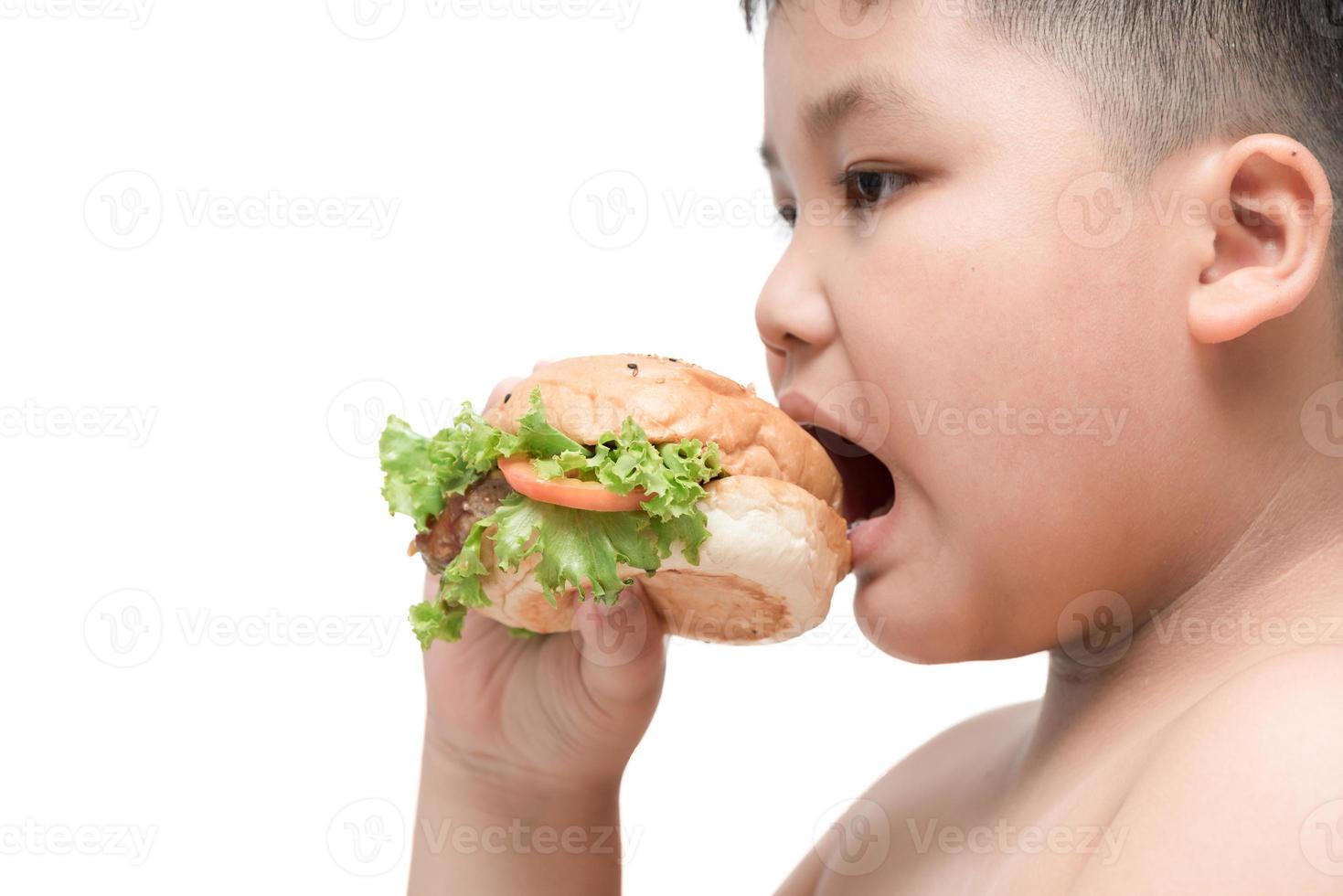 varkensvlees Hamburger Aan zwaarlijvig dik jongen hand- achtergrond geïsoleerd foto