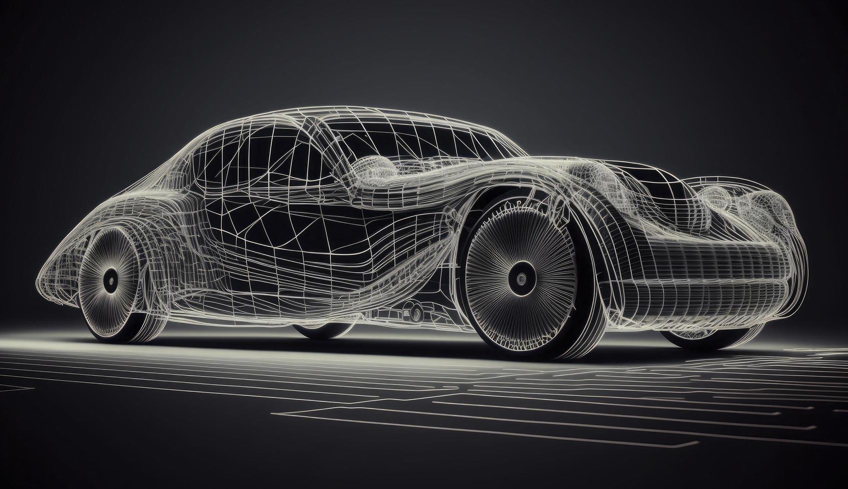 uitgebreid realiteit van wireframe auto concept Aan de weg en futuristische stad Aan de achtergrond. professioneel 3d renderen van eigen ontworpen algemeen niet bestaande auto model, genereren ai foto