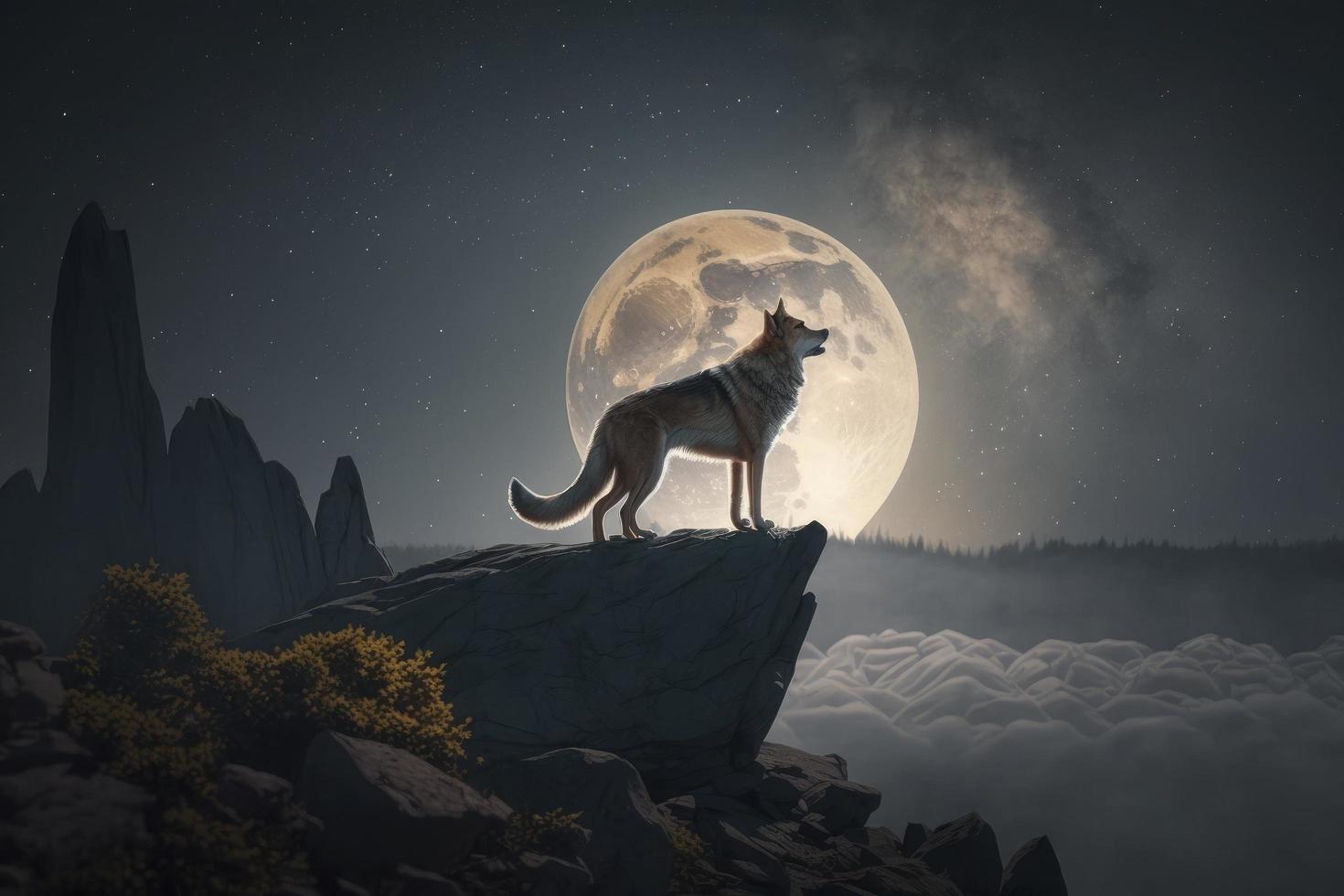 een wolf staand Aan top van een rotsachtig heuvel onder een vol maan, een verhalenboek illustratie door wolf huber foto
