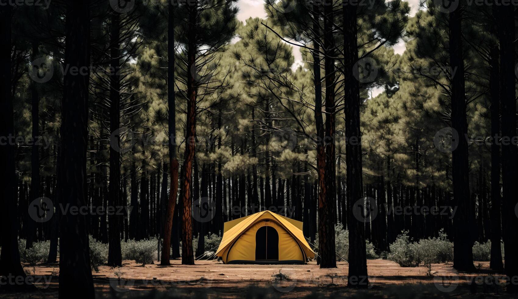 zomer kamp in de pijnboom bos, uitzicht van camping tenten tussen de pijnboom bomen ,generatief ai foto