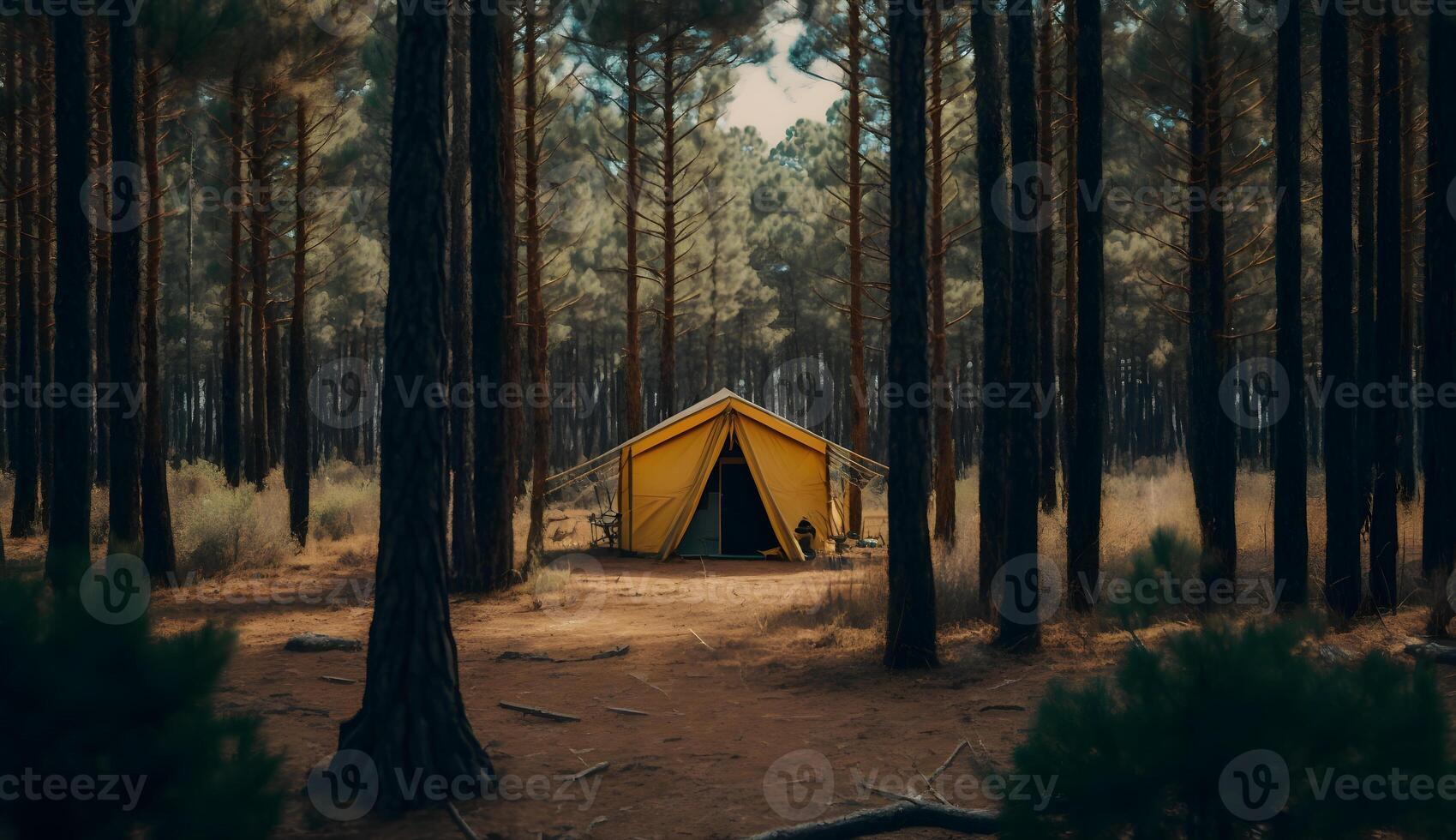 zomer kamp in de pijnboom bos, uitzicht van camping tenten tussen de pijnboom bomen ,generatief ai foto