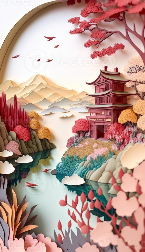 generatief ai illustratie van Chinese natuur en landschap Aan solide achtergrond, gunstig wolken, ravijn stroom, berg bereik, veel huizen en oude gebouwen, multi dimensionaal papier filigraan foto