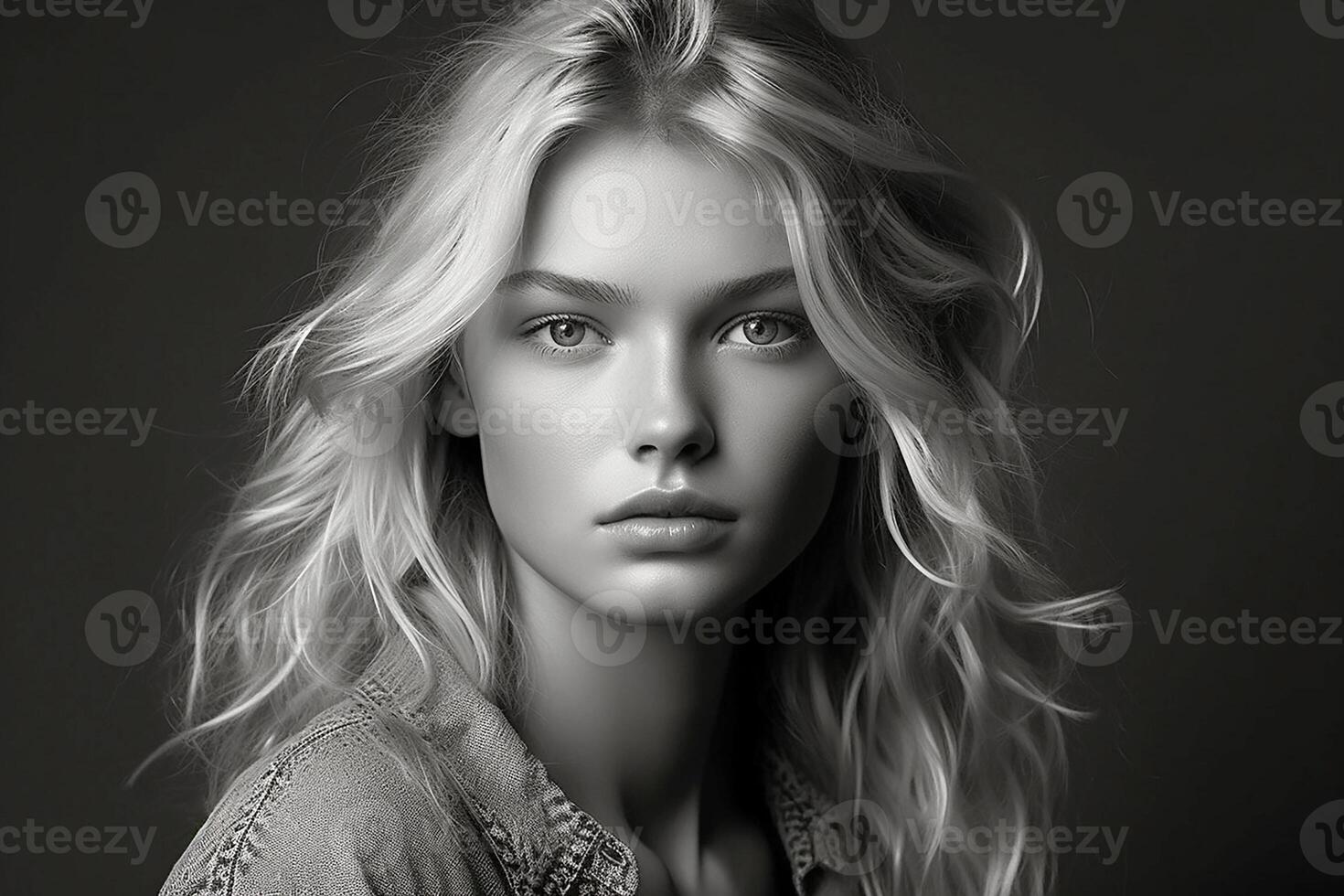 portret van een modieus Europese meisje met lang blond haar. studio licht. zwart en wit foto. generatief ai foto