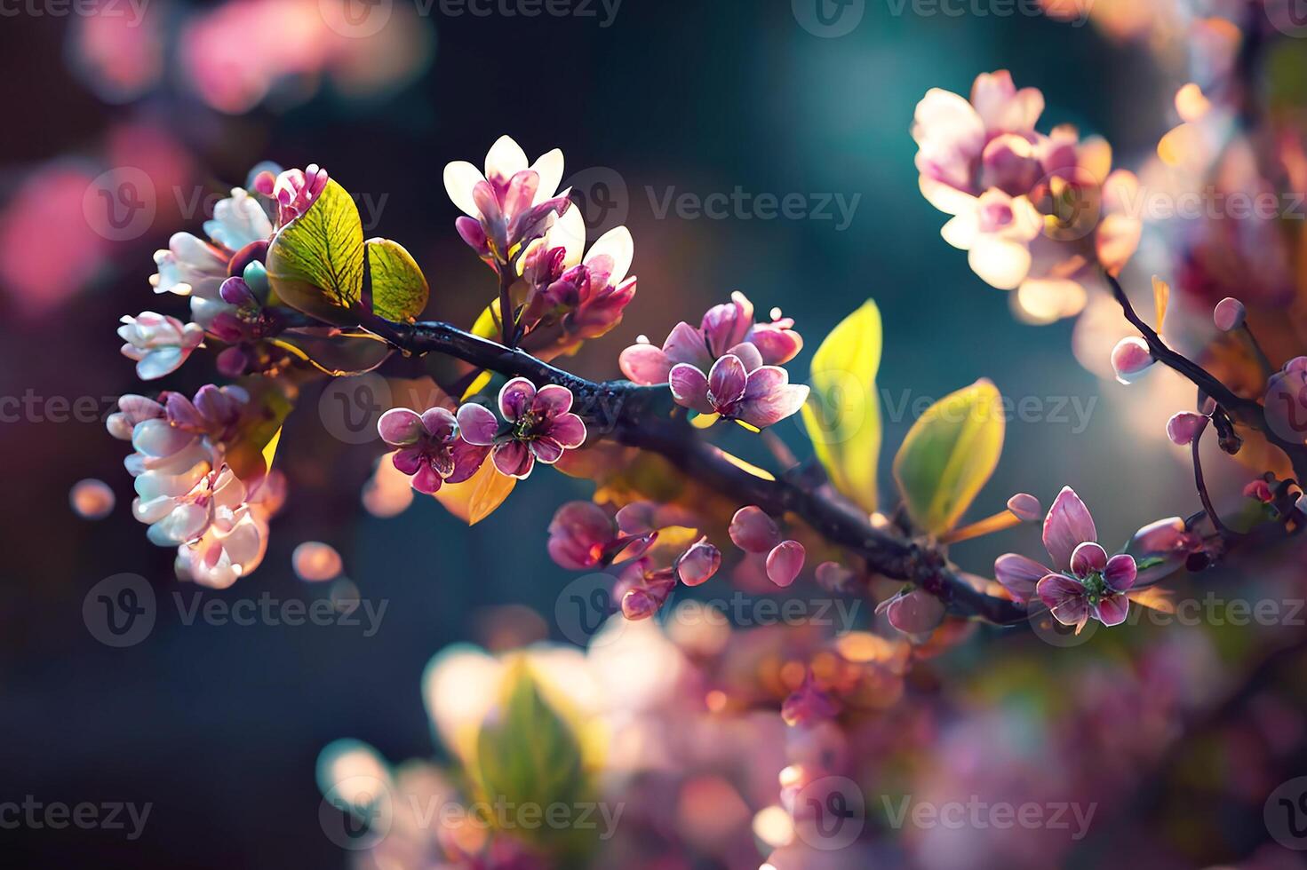 lente, sakura bloesems, roze en wit bloemknoppen en kers bloeit. voorjaar achtergrond. generatief ai foto