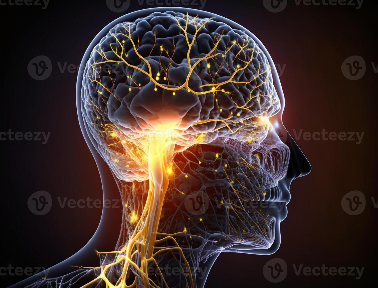 menselijk hoofd met gloeiend neuronen in brein. esoterisch en meditatie concept. verbinding met andere s werelds. creëert met generatief ai foto