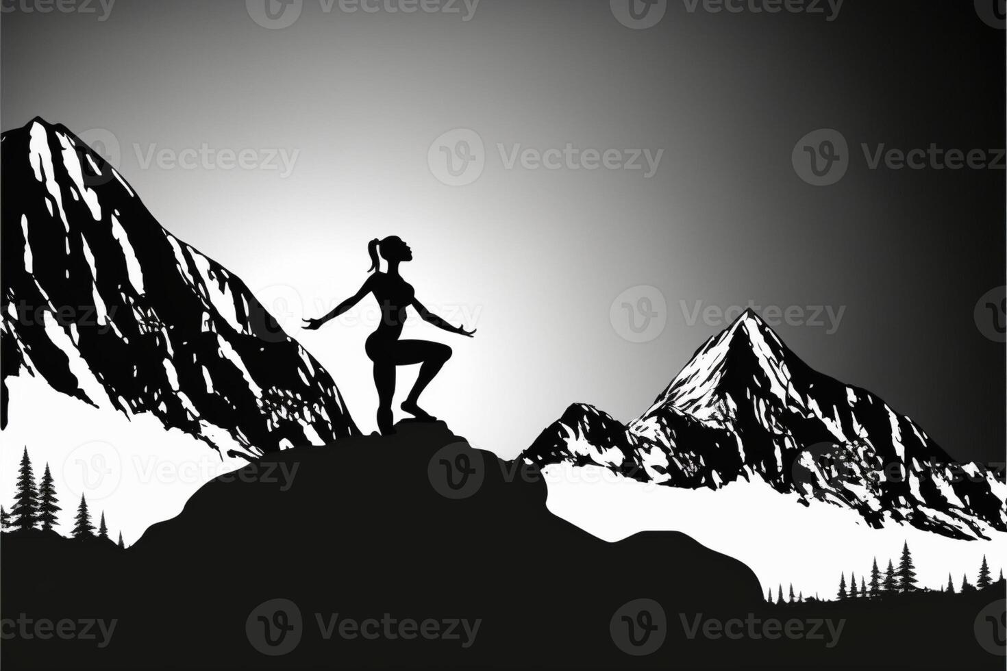 silhouet geschiktheid meisje beoefenen yoga Aan berg. generatief ai foto