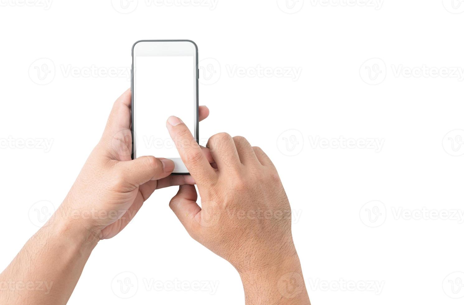 hand- Mens houden mobiel telefoon met wit scherm foto