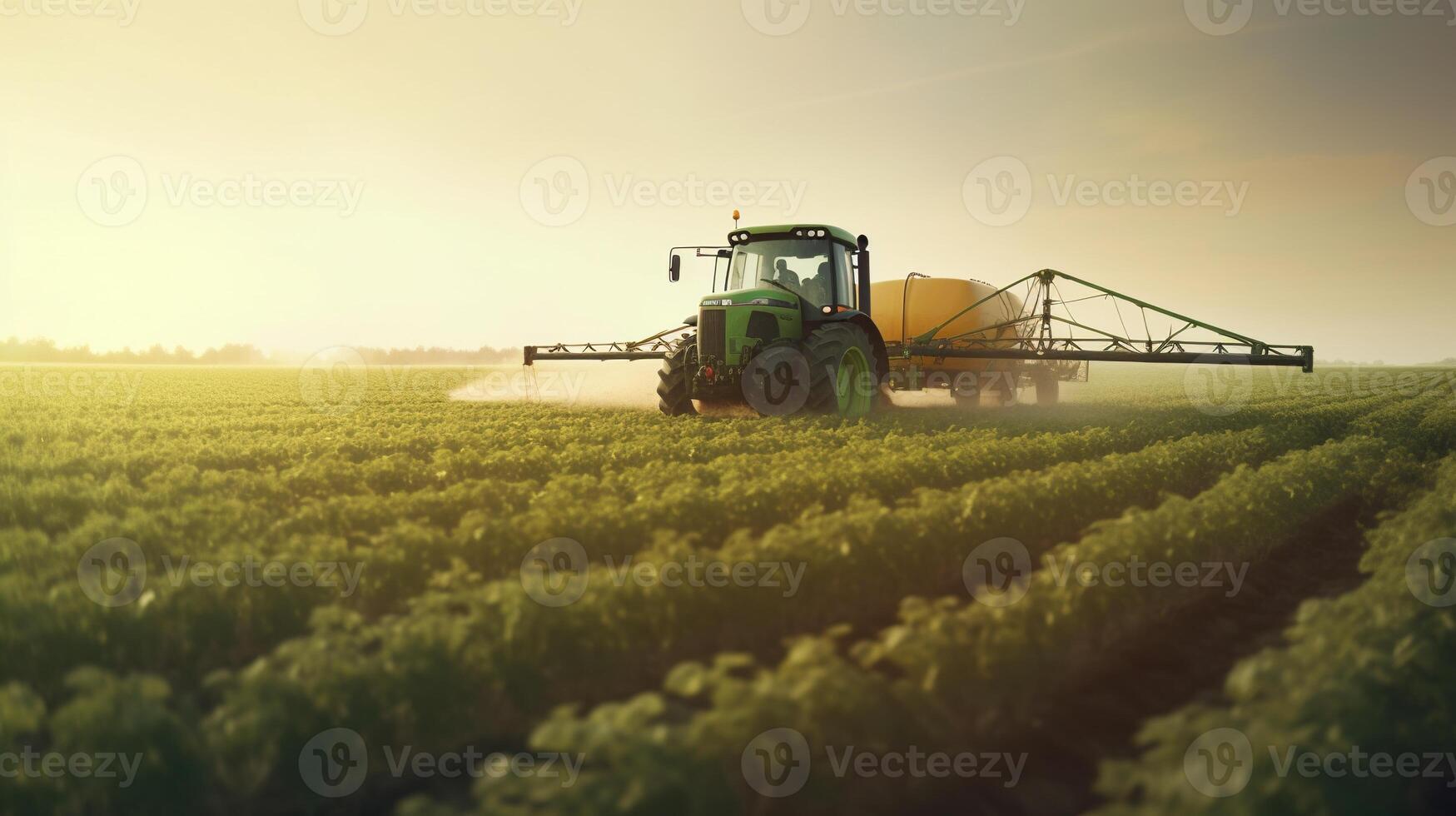 generatief ai, trekker sproeien een veld, boerderij landschap, agrarisch mooi platteland, land weg. natuur illustratie, fotorealistisch top visie horizontaal spandoek. foto