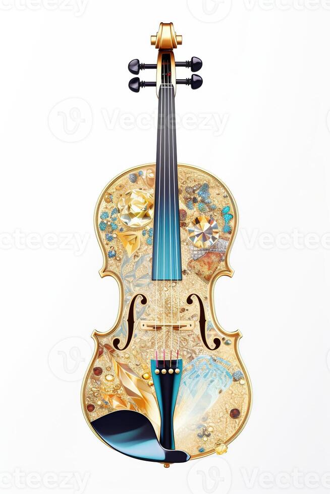 generatief ai, mooi musical instrument viool, broche, opaal steen en gouden kleur palet geïsoleerd Aan wit achtergrond. bijouterie, sieraden dichtbij omhoog foto